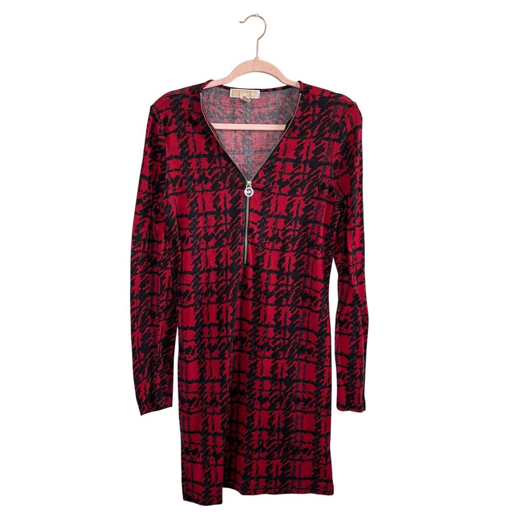 Michael Michael Kors Red and Black Sweater Dress Half Zip Closure Knee Length L